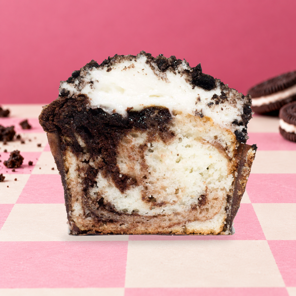 Dreamy Creations cookies and cream cupcake cut open to show its texture