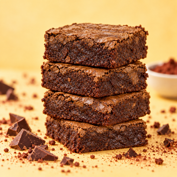 A stack of fudgy chocolate brownies with crackly tops on a yellow background