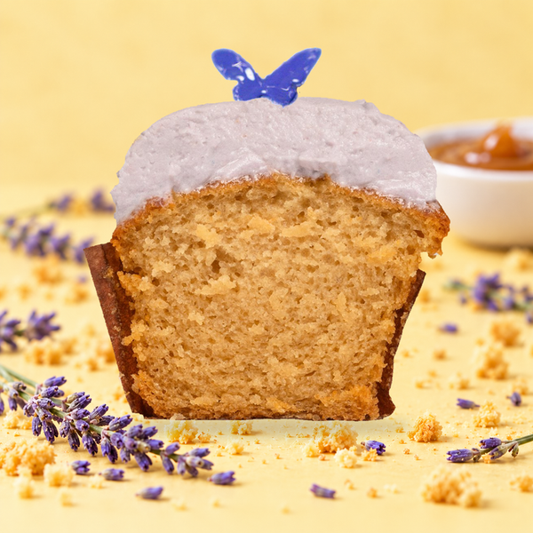 Dreamy Creations lavender caramel cupcake cut open to show its texture